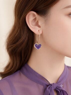 Gold Tone Heart Hoop Earrings with Purple Charm Dangle